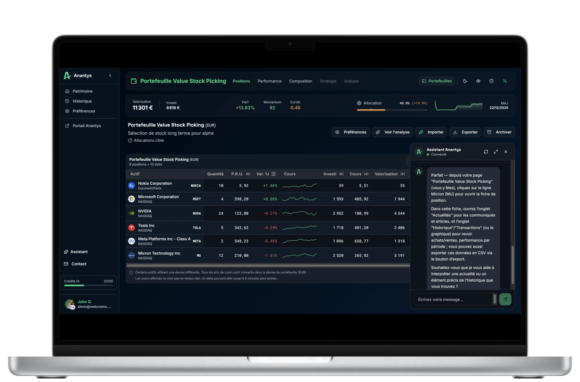 Portefeuille – Positions – Anantys