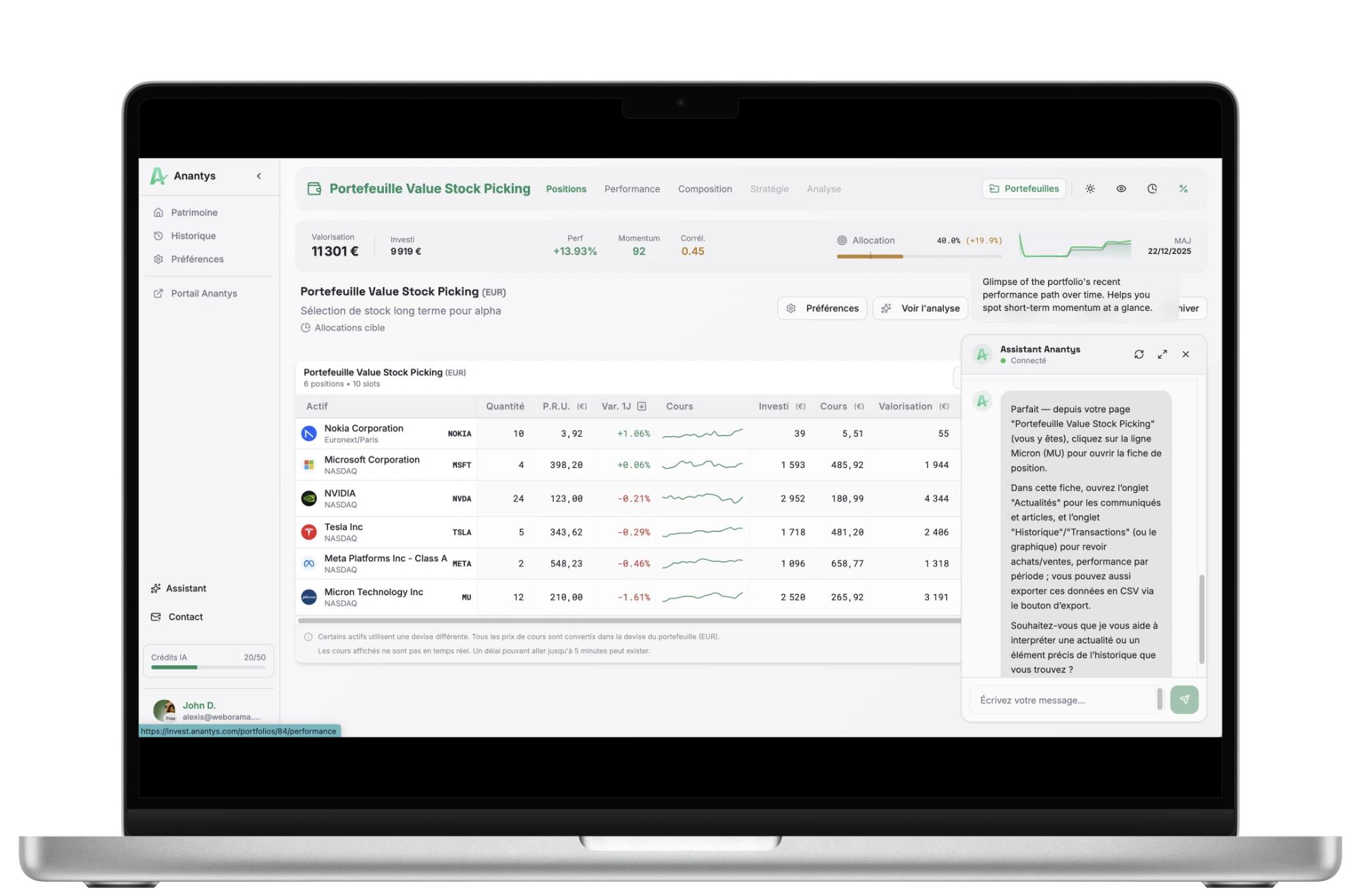 Portefeuille – Positions – Anantys